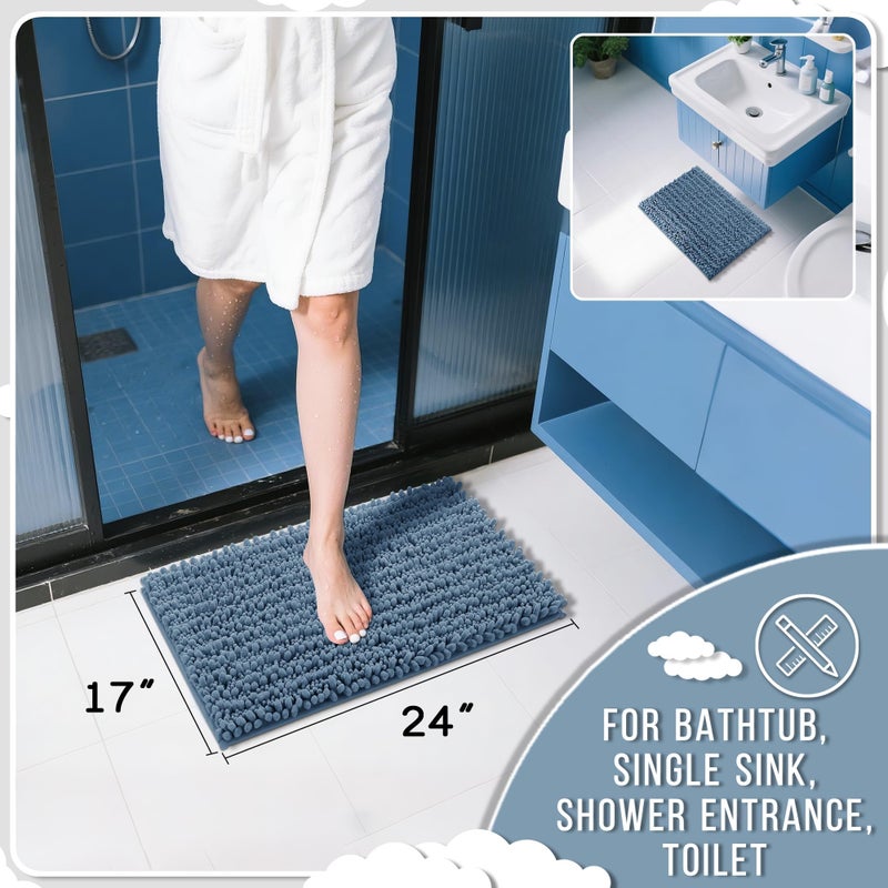 Yimobra Bathroom Rugs Non Slip Washable - Ultra Soft Absorbent Chenille Bath Mat, Quick Dry Shaggy Floor Carpet for Tub Shower, Denim Blue Home Decor Accessories, 24x17 Inch - Image 2